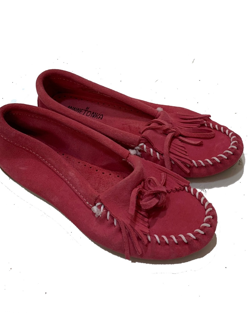 Minnetonka pink Suede Moccasins with Whipstitch Detail